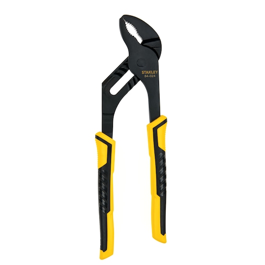 Stanley groove joint pliers with black jaws and yellow and black comfort grip handles, front angle on white background