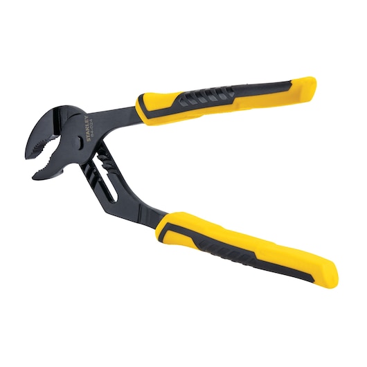 STANLEY groove joint pliers with black jaws and yellow-black non-slip handles, side angle on white background