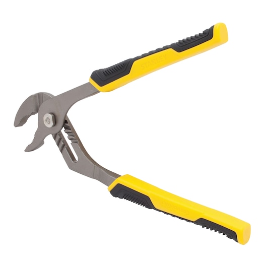 STANLEY 84-024 adjustable groove joint pliers, yellow and black handle, side angle on white background.