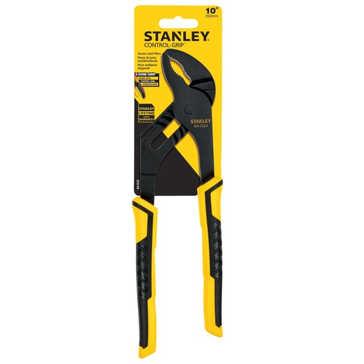 STANLEY 84-024 groove joint pliers with yellow and black Control-Grip handles, front view on white background.