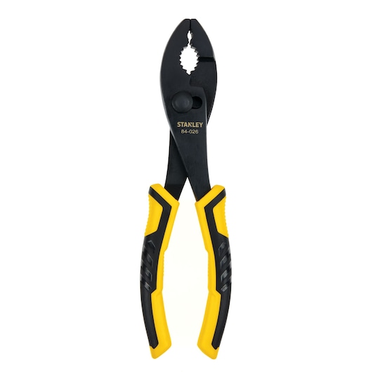Stanley slip joint pliers with black jaws and yellow and black ergonomically designed handles, front view on white.