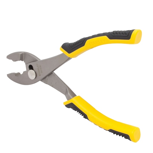 STANLEY 84-026 slip joint pliers with yellow and black handles, angled on white background.
