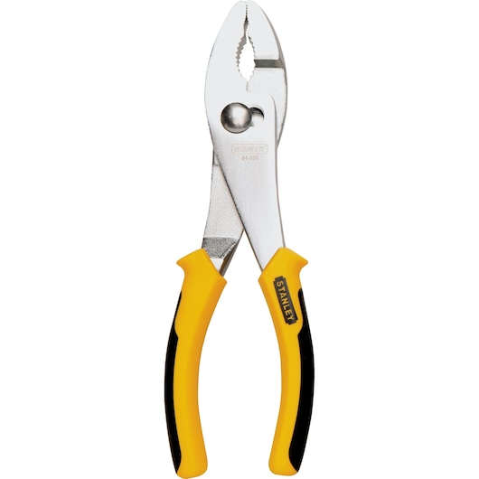 STANLEY 84-026 combination pliers with yellow and black grips, front angle on white background.