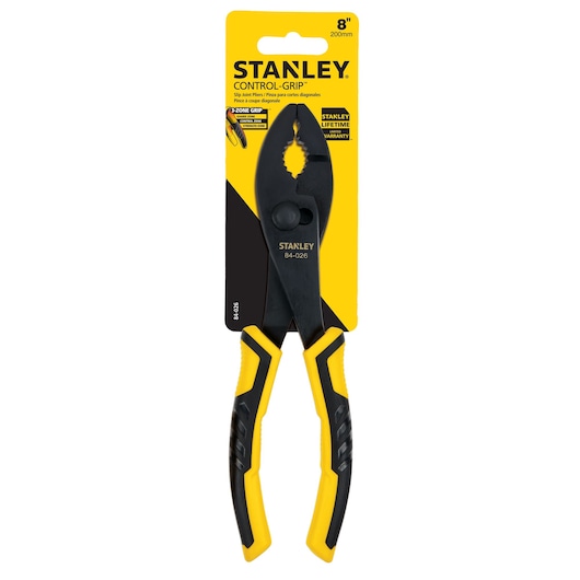 STANLEY 84-026 slip joint pliers with black and yellow CONTROL-GRIP handles, front angle on white background.