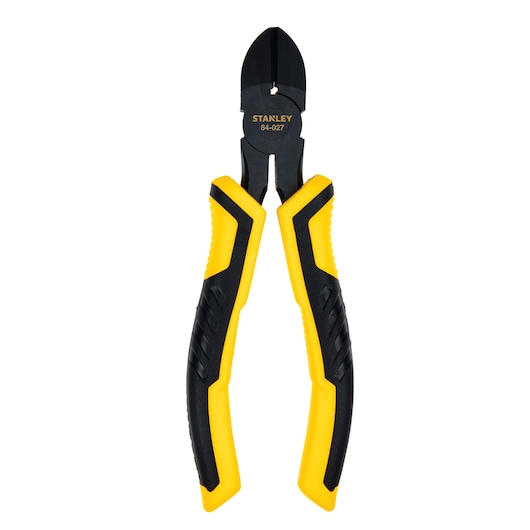 Stanley diagonal cutting pliers with yellow and black grip handles, front angle, on white background