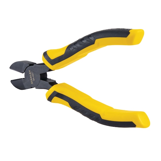 Stanley side angle view of yellow and black diagonal cutting pliers with textured grip handles