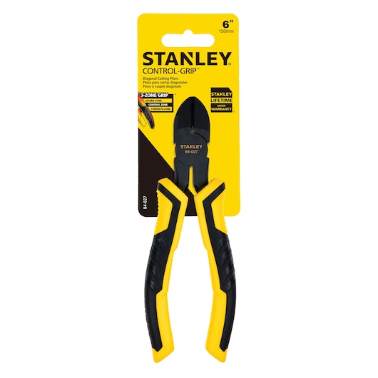 STANLEY 84-027 diagonal cutting pliers with yellow and black control-grip handles, front view on packaging.