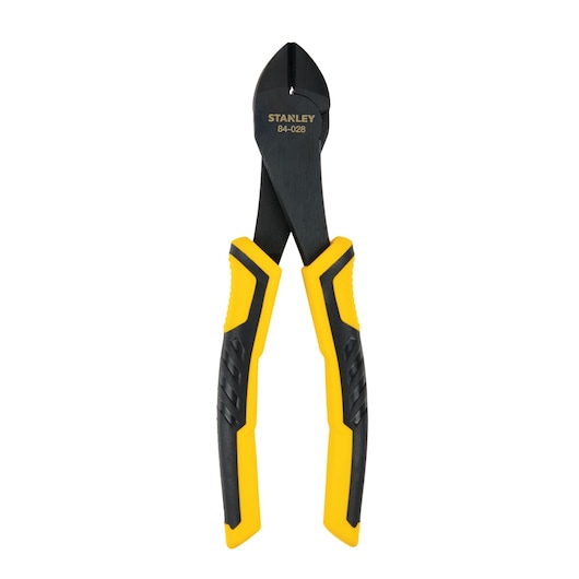Stanley diagonal cutting pliers front view, black jaws, yellow and black ergonomic handles, white background