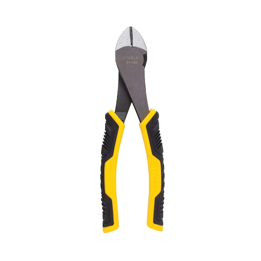 Front view of STANLEY diagonal cutting pliers with black and yellow handles on a white background