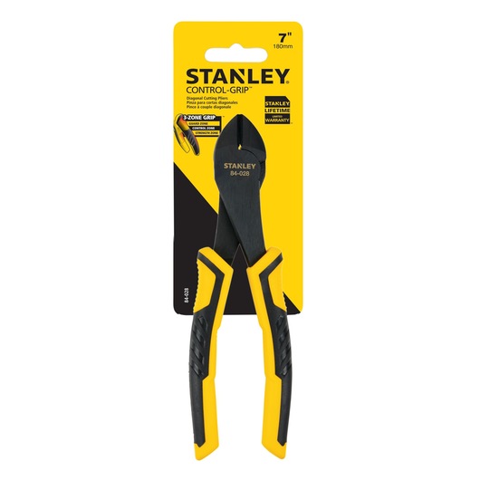Photo of STANLEY 84-028 diagonal cutting pliers with yellow and black grip in retail packaging, front angle.