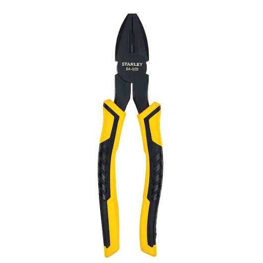 Stanley lineman's pliers with black and yellow ergonomic handles, front angle on white background
