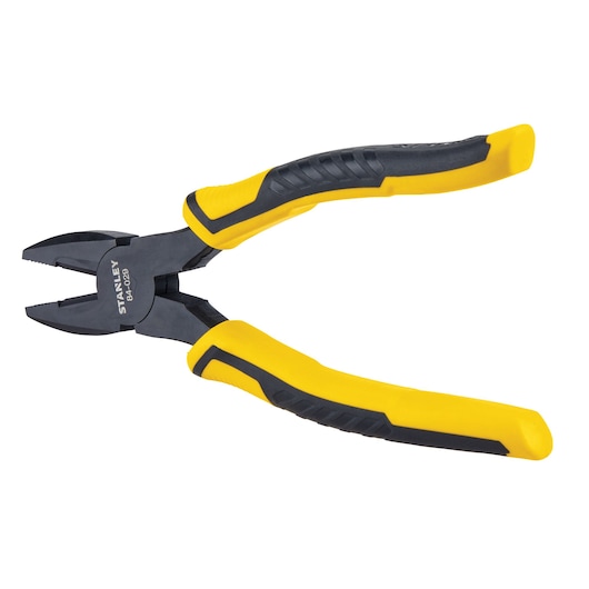 Stanley diagonal cutting pliers with black and yellow handles, top-down angle on white background.