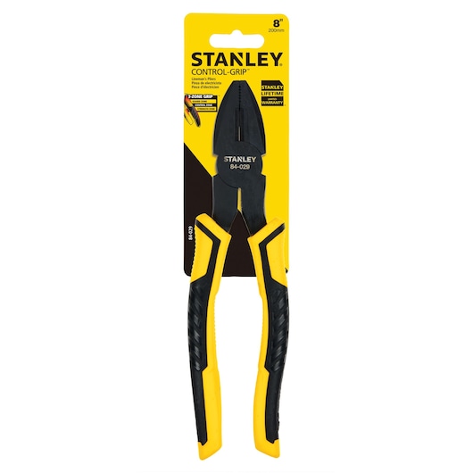 STANLEY 84-029 lineman’s pliers with black and yellow handle, front view on white background.