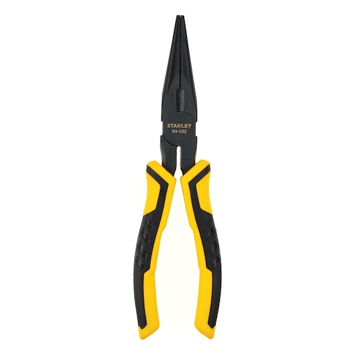 Stanley long nose pliers, SKU 84-032, front angle, black metal jaws with yellow and black ergonomic handles