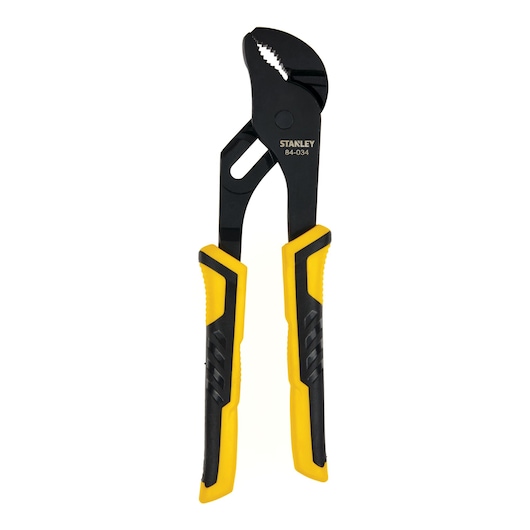 Stanley adjustable slip joint pliers with black metal jaws and yellow and black handles, front view on white background