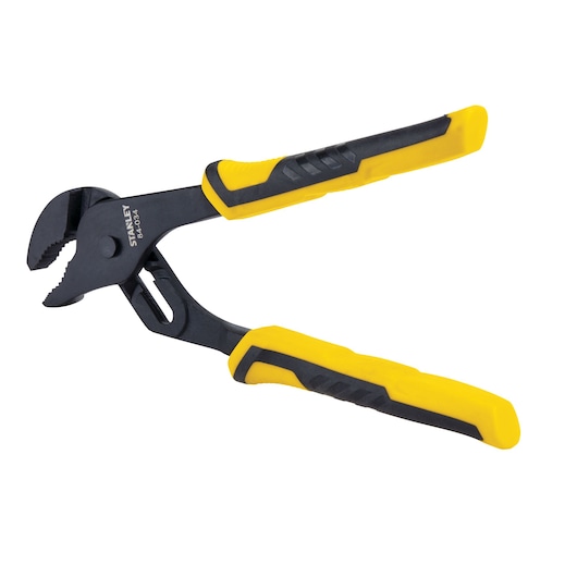 Stanley adjustable groove joint pliers with yellow and black handles, angled side, white background
