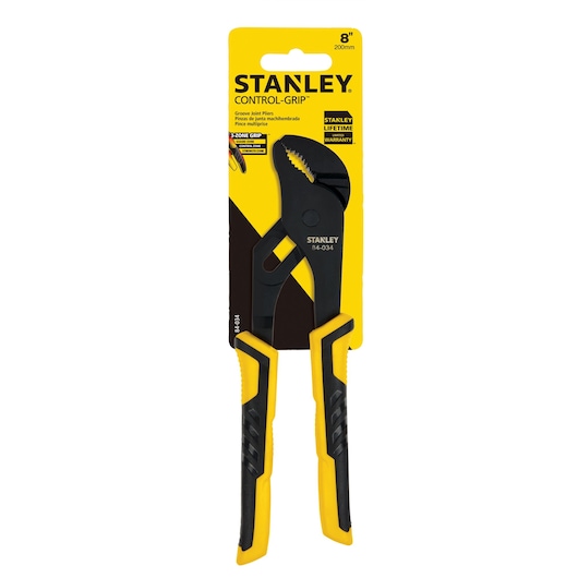 STANLEY 84-034 Control-Grip groove joint pliers with black and yellow handles, front view on white background.