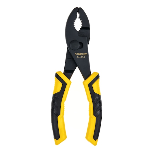 STANLEY 84-055 combination pliers with black and yellow handles, front view on white background.