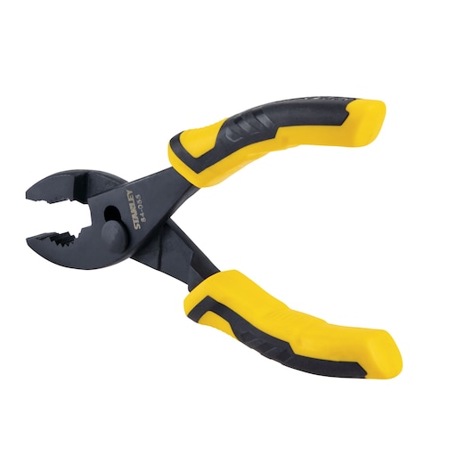 Stanley slip joint pliers with black jaws and yellow and black ergonomic handles, angled product shot.