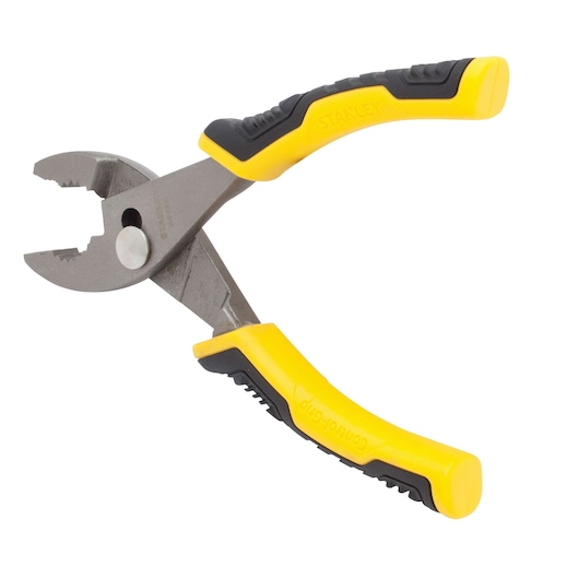STANLEY 84-055 combination pliers, yellow and black handle, front angle, on white background.