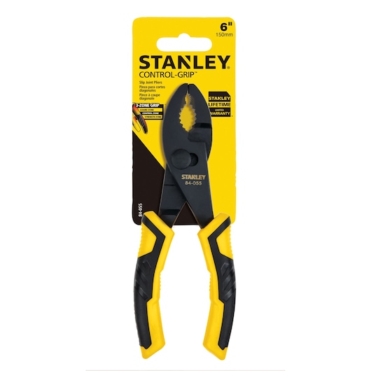 Photo of STANLEY 84-055 slip joint pliers with yellow and black handles, packaged, front angle.