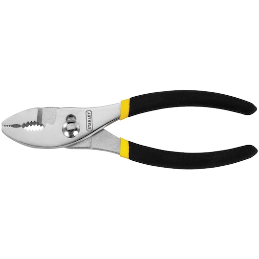 STANLEY 84-098 combination pliers with black and yellow handles, side angle on white background.