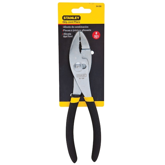 Stanley 84-098 slip joint pliers with black handles, retail packaging, front angle, on white background.