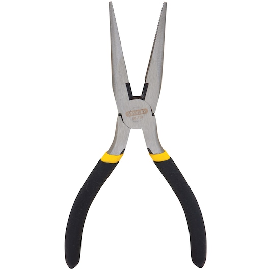 STANLEY 84-101 long nose pliers with black and yellow handles, front angle, on white background.