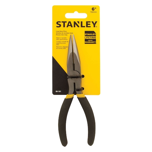 Photo of STANLEY 84-101 long nose pliers with black and yellow ergonomic handles, front angle on packaging.