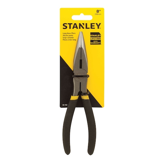 STANLEY 84-102 long nose pliers with black and yellow handles, in packaging, front view on white background.