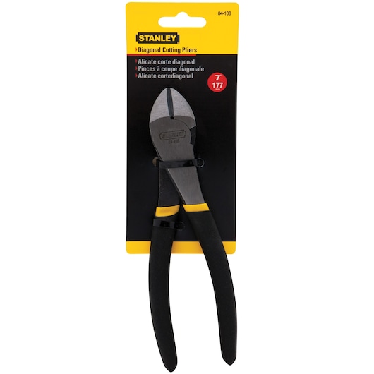 Front view of STANLEY diagonal cutting pliers with black and yellow handles in retail packaging, SKU 84-108.