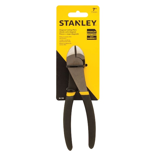STANLEY 84-108 diagonal cutting pliers, 7-inch, black and yellow handles, front view on retail packaging.