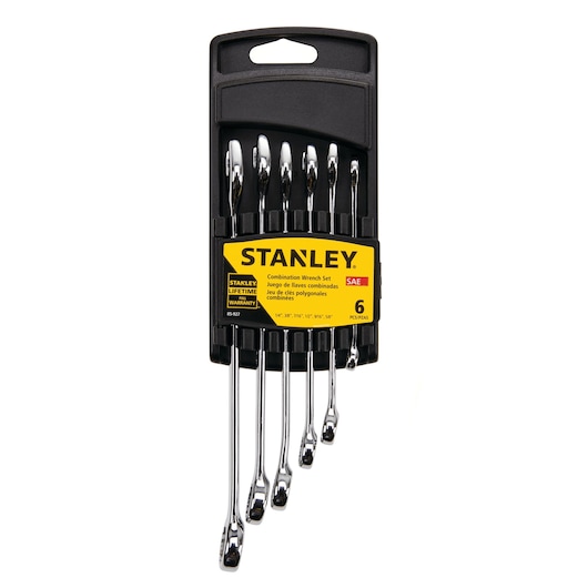 STANLEY 85-927 combination wrench set, 6-piece SAE, chrome finish, in black plastic holder, front angle.