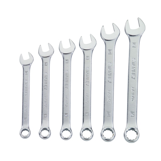 STANLEY 85-928 combination wrench set, 6 silver wrenches aligned in size order, front angle, white background.