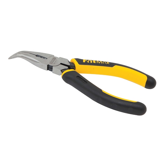 Stanley FatMax bent nose pliers with yellow and black handles, angled side view on white background