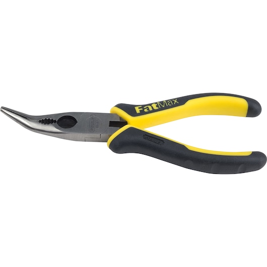 STANLEY 89-871 long nose pliers with yellow and black FatMax handles, side angle on white background.