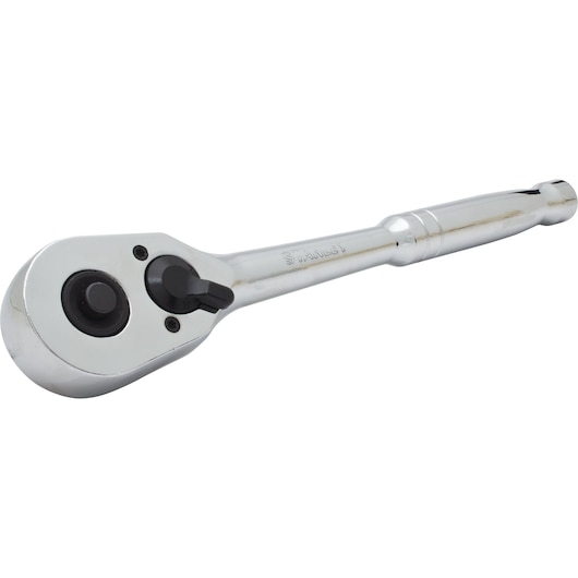 Photo of STANLEY 91-930 polished chrome ratchet wrench on white background, angled view.