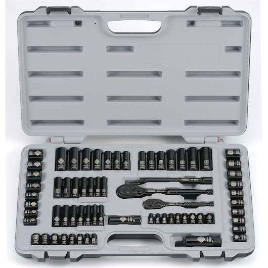 STANLEY 92-824 socket and ratchet set in black, organized in a gray hard case, top view photography.