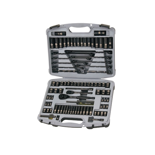 STANLEY 92-839 socket and ratchet set in gray carrying case, photography from top angle.