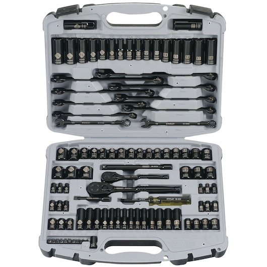 Stanley tool set with ratchets, sockets, wrenches in an open gray carrying case, top-down angle.