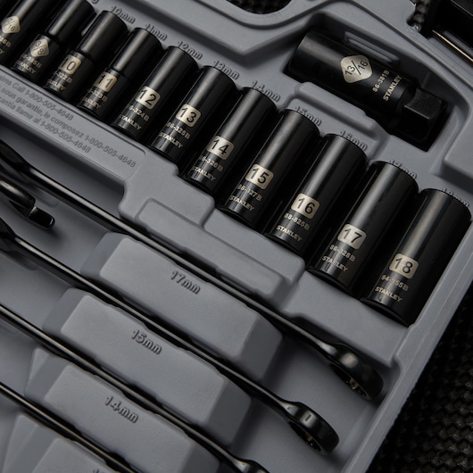 Stanley 92-839 socket and ratchet set in black, shown in molded case, close-up angle.