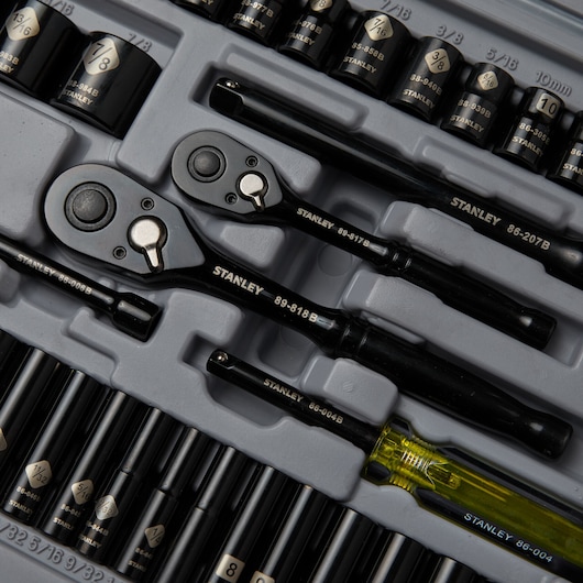 STANLEY 92-839 socket and ratchet set with black chrome finish, organized in molded tray, close-up top view.