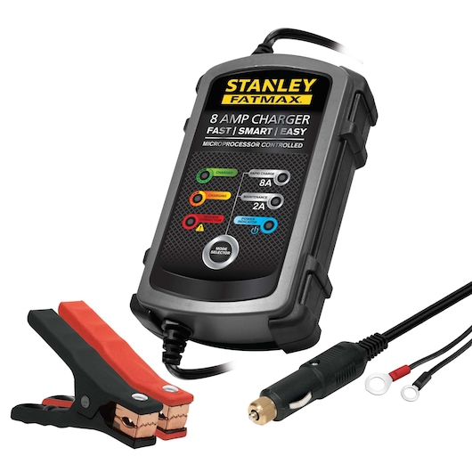 Stanley Fatmax 8 amp battery charger front angle on white, with cables, clamps, and mode selector button visible.