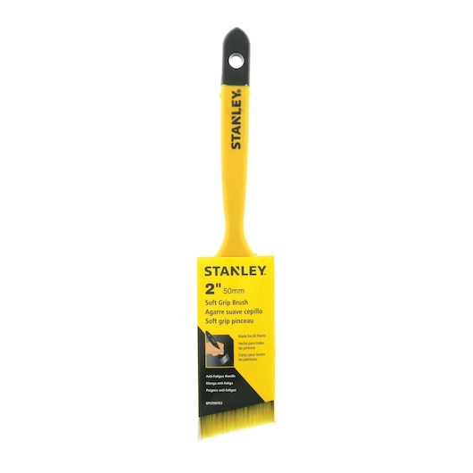Photo of STANLEY BPST00763 2-inch soft grip paint brush with yellow handle, front view on white background.