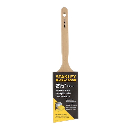 STANLEY FATMAX Pro Series Brush 2.5 inch with wooden handle, front angle, product packaging visible.