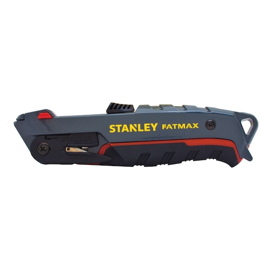 Stanley FATMAX utility knife side view, black and gray handle with yellow branding, white background.