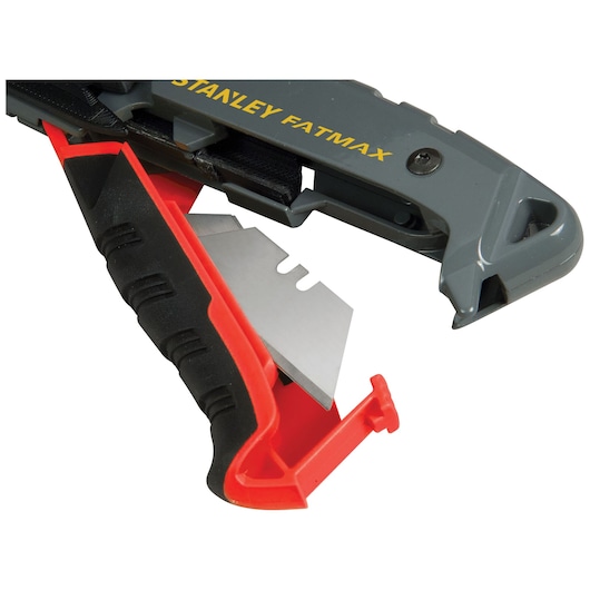 STANLEY FMHT10242 utility knife close-up showing open blade storage and ergonomic handle, white background.