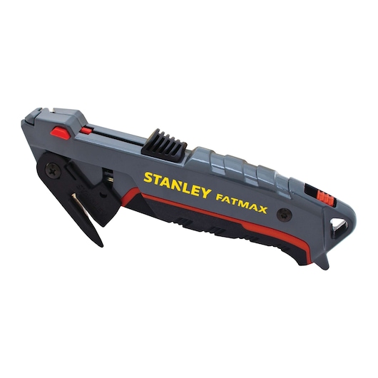 Stanley FATMAX utility knife, gray with black and red accents, side view on white background