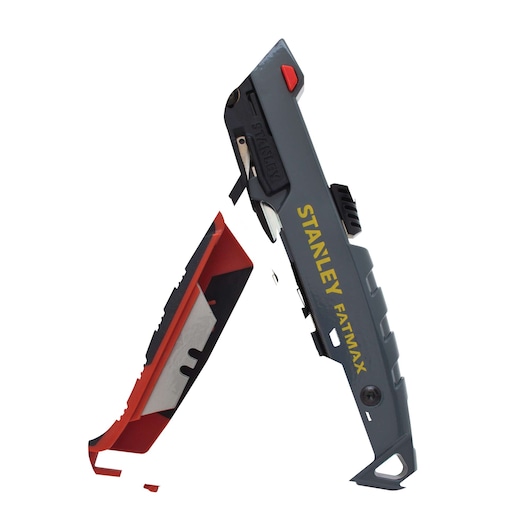 STANLEY FMHT10242 utility knife with open handle showing blade storage, gray and red, side angle.