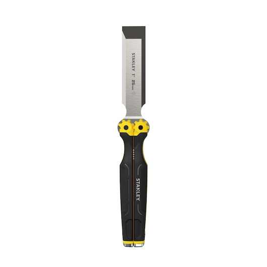 A STANLEY FMHT16145 25mm chisel with a black and yellow ergonomic handle, designed for woodworking and carpentry tasks. The blade is straight and has a beveled edge.